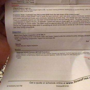 Stress-Free Auto Care - this is a copy of the service report, I went and got an oil change that cost me $169 today. No fluids were added After paying $1,994.79 - Auto Repair Near Me - Castro Valley, California Stress-Free Auto Care - this is a copy of the service report, I went and got an oil change that cost me $169 today. No fluids were added After paying $1,994.79 - Auto Repair Near Me - Castro Valley, California