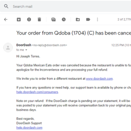Email from Door Dash regarding the cancellation Email from Door Dash regarding the cancellation