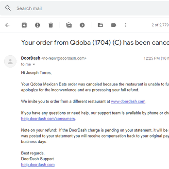 QDOBA Mexican Eats - Email from Door Dash regarding the cancellation - Fast Food Near Me - Colorado Springs, Colorado QDOBA Mexican Eats - Email from Door Dash regarding the cancellation - Fast Food Near Me - Colorado Springs, Colorado