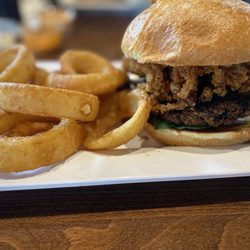 Blazing Onion Burger Company - Housemade Spicy Black Bean Burger (veganized) with onion rings