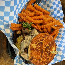 Mushroom Swiss Burger with sweet potato fries