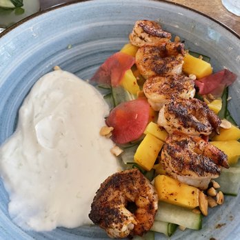 Hudson On The River - Mango cucumber salad with blackened shrimp - New American Near Me - Stuart, Florida