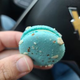 a hand holding a blue macaron a hand holding a blue macaron