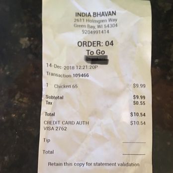 India Bhavan - Receipt - Indian Near Me - Green Bay, Wisconsin