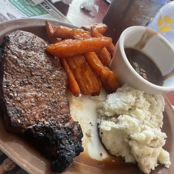 Schunks West Hill Grill - Strip steak, mashed potatoes, glazed sweet potato fries - American Near Me - Eden, New York Schunks West Hill Grill - Strip steak, mashed potatoes, glazed sweet potato fries - American Near Me - Eden, New York