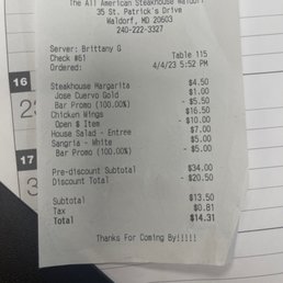 2 drinks had to be removed. Luckily, I went on library night and got $10 off food. 2 drinks had to be removed. Luckily, I went on library night and got $10 off food.