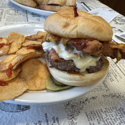 Burger, chicken, bacon and cheese