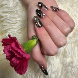 Clear Sns/ powder dip ms Tina did on my hands and hand drew the designs and have two tips added.