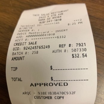 Taco Salsa - Receipt for menudo, carne asada burrito , enchiladas plate and two large horchatas. - Mexican Near Me - Yuma, Arizona Taco Salsa - Receipt for menudo, carne asada burrito , enchiladas plate and two large horchatas. - Mexican Near Me - Yuma, Arizona