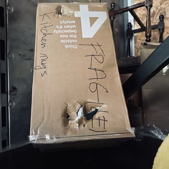 Sven Moving - One of the clearly-labeled "FRAGILE!" boxes that was placed by the movers at the bottom of a huge stack of boxes, resulting in damages. - Movers Near Me - Brooklyn, New York