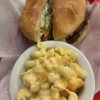 Hit Different BBQ and Grill - Bussin' Burger with One Side with mac & cheese - Barbeque Near Me - Pelham, Alabama Hit Different BBQ and Grill - Bussin' Burger with One Side with mac & cheese - Barbeque Near Me - Pelham, Alabama