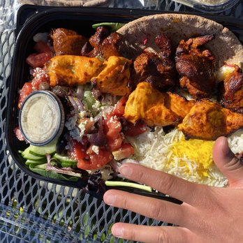 Lemon Zest Cafe - Combo lamb and chicken kabob. Hand for size reference. - Mediterranean Near Me - Glendale, California Lemon Zest Cafe - Combo lamb and chicken kabob. Hand for size reference. - Mediterranean Near Me - Glendale, California