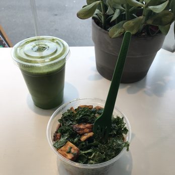Eat Well Kitchen - Sweet potato kale salad with Tahini ginger dressing and Go Green juice - Cafes Near Me - Marblehead, Massachusetts