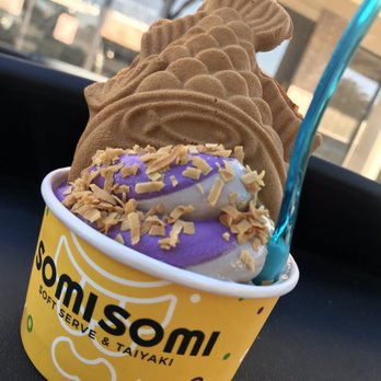 Somisomi - Ube and cookie swirl with toasted coconut! (and custard inside the fishy cone :D - Ice Cream & Frozen Yogurt Near Me - Sugar Land, Texas Somisomi - Ube and cookie swirl with toasted coconut! (and custard inside the fishy cone :D - Ice Cream & Frozen Yogurt Near Me - Sugar Land, Texas