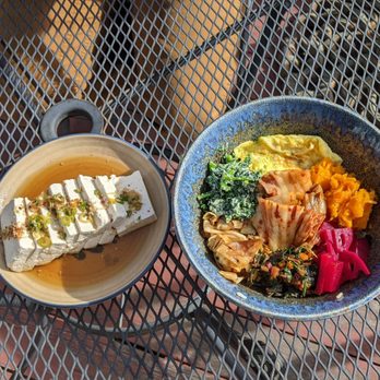 Joodooboo - Delicious banchan and fresh tofu (omelette and brown rice I made at home to go with it). It was the perfect lunch - Korean Near Me - Oakland, California