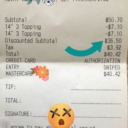 Monical's Pizza - This is my receipt- the sensitive information. As you can see, I was charged for $36.50 instead of $32 plus tax.