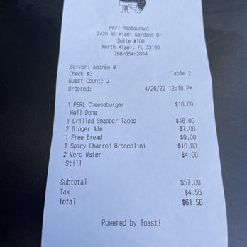 Perl - The bill - Seafood Near Me - North Miami Beach, Florida