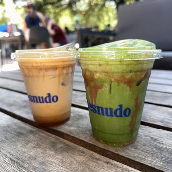 Desnudo Coffee - White Vanilla Miso Latte and La Guayba. Very good, we both put oatmilk in our drinks! - Coffee Roasteries Near Me - Austin, Texas