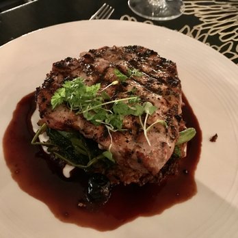 Sage - Heritage Berkshire Pork Porterhouse with an Espresso Rub and Cherry Sauce over a Red Potato Hash, with Balsamic Cippolinis - New American Near Me - Sarasota, Florida Sage - Heritage Berkshire Pork Porterhouse with an Espresso Rub and Cherry Sauce over a Red Potato Hash, with Balsamic Cippolinis - New American Near Me - Sarasota, Florida