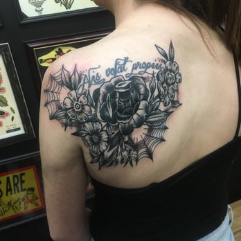 Black Rose Tattoo - Cover up from Rachael! Lettering was not by her :) - Piercing Near Me - Lexington, Kentucky