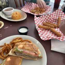 Red Bird Kitchen - Chicken friend steak sandwich and mozzarella sticks