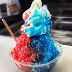 Hawaiian shaved ice topped with creamy vanilla soft serve