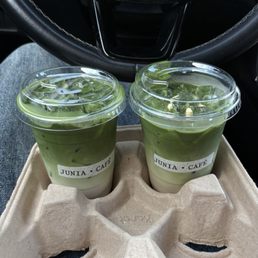 Matcha Latte w/ Oat Milk (Left), Jasmine Matcha Latte (Right) Matcha Latte w/ Oat Milk (Left), Jasmine Matcha Latte (Right)