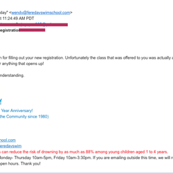 Wendy Fereday Swim School - Cancellation Email for our First day of Class. Way to get our hopes up, then cancel the morning of.
