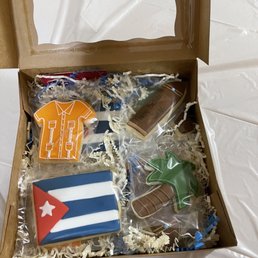 a box of cookies with flags