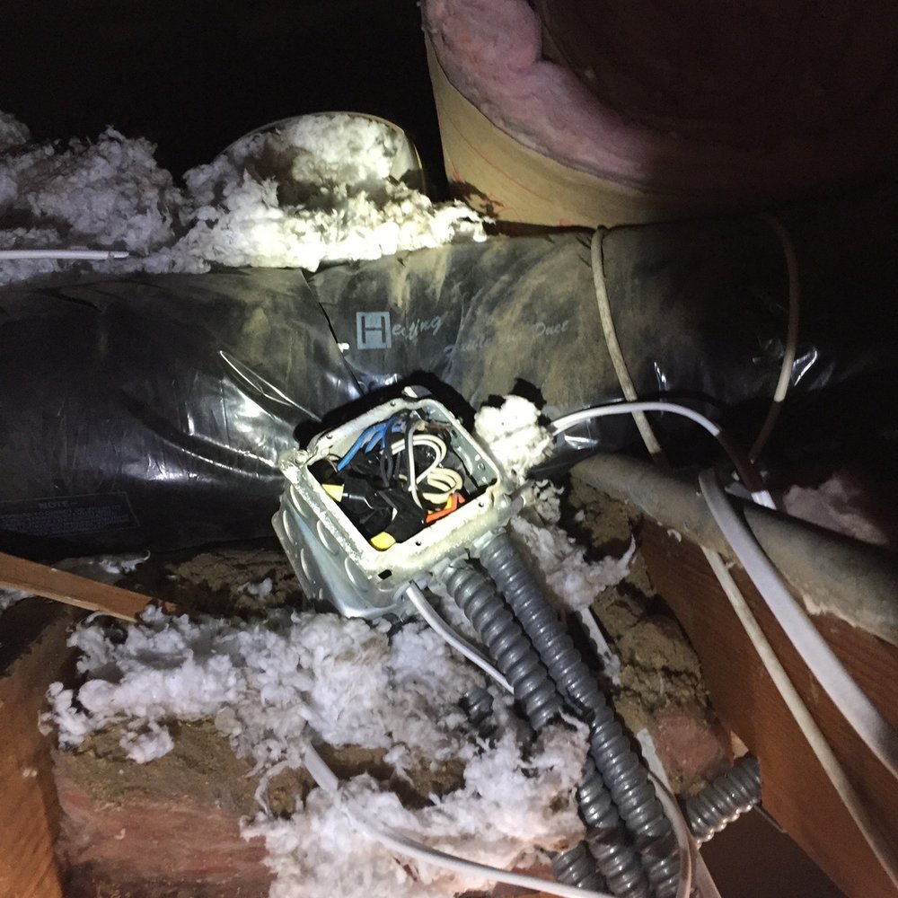 Ballesteros Bathrooms & Design - Electrical box with no cover and wires with no wire caps lying on our insulation. - General Contractors Near Me Ballesteros Bathrooms & Design - Electrical box with no cover and wires with no wire caps lying on our insulation. - General Contractors Near Me