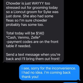 Tiny Lion Grooming - pickup message--she did not mention any updates regarding skyes (female cat) injuries. - Pet Groomers Near Me Tiny Lion Grooming - pickup message--she did not mention any updates regarding skyes (female cat) injuries. - Pet Groomers Near Me