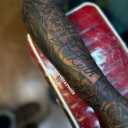 Frenchy's Tattoos - Filler Keith name tattoo. Full sleeve Done by FrenchysTattoos female tattoo artist