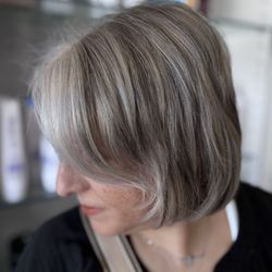 Wicked Hair Studio - Grey blending; used her natural grey and silver tones to create this fresh and fun look