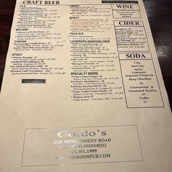 Gordo's Pub & Grill - Back of menu - Burgers Near Me - Norwood, Ohio