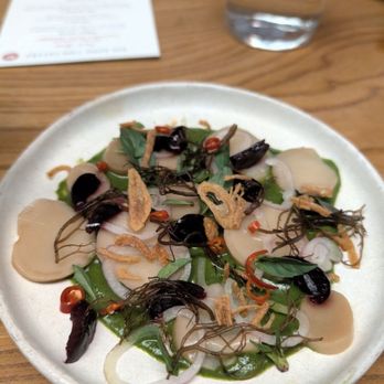 Kin Khao - YUM HED  SZECHUAN PICKLED CHERRY, RAW+FRIED SHALLOTS. SESAME+SAKE, SEA SAUCE & HERB PUREE - Thai Near Me - San Francisco, California