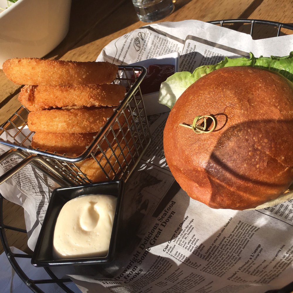 The Turtleback Tap & Grill - Classic burger with onion rings - American Near Me - Halifax, Nova Scotia