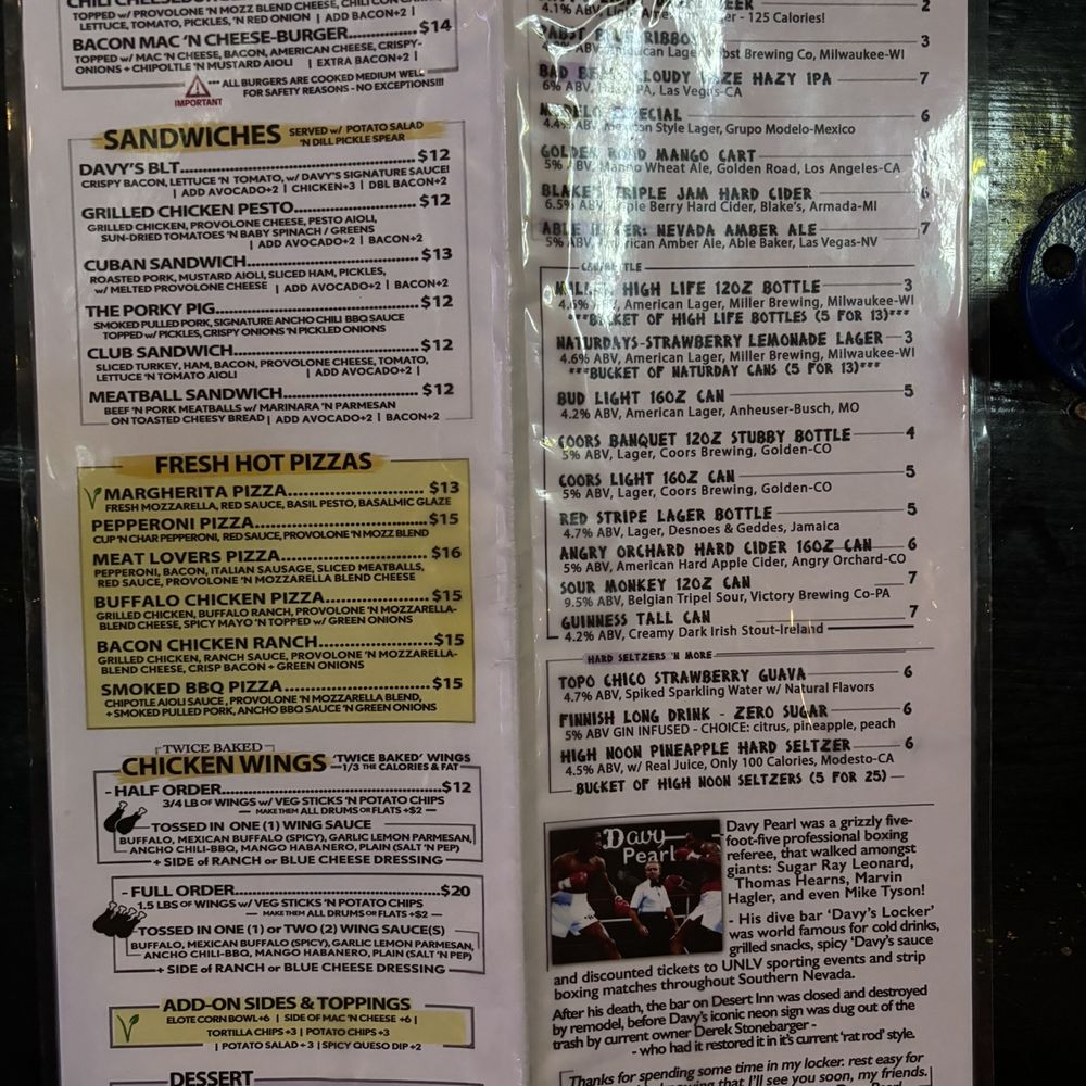 Davy’s - Menu (7-2026) - Bars Near Me - Las Vegas, Nevada