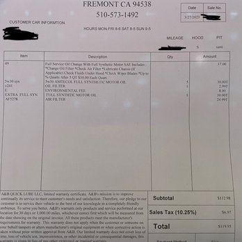 A & B Quick Lube - $120 for oil and filter change - Oil Change Stations Near Me - Fremont, California