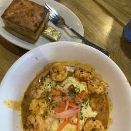 Shrimp and grits with side of jalapeño cornbread