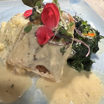 Riverwalk Cafe & Oyster Bar - Catch of the day- grey grouper pan seared with a spiced lychee beurre blanc sauce, ricotta herb mashed potatoes and spinach - Seafood Near Me - Stuart, Florida Riverwalk Cafe & Oyster Bar - Catch of the day- grey grouper pan seared with a spiced lychee beurre blanc sauce, ricotta herb mashed potatoes and spinach - Seafood Near Me - Stuart, Florida