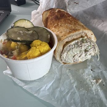 Dimestore Delibar - Smoked Chicken Salad Dimeroll with side of pickles- amazing, so good! - New American Near Me - Denver, Colorado