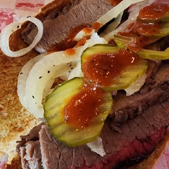 Old 300 BBQ - Showing the opened Sandwich hoagie - Barbeque Near Me - Blanco, Texas