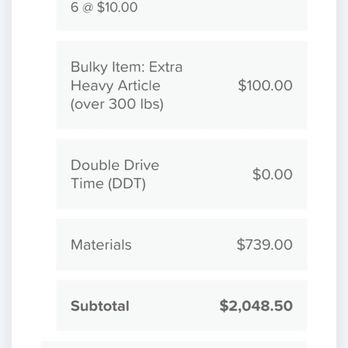 Royal Moving & Storage - Invoice showing $1,149.50 labor, a $100 nonexistent heavy-item fee and $739 in materials. - Movers Near Me - San Francisco, California