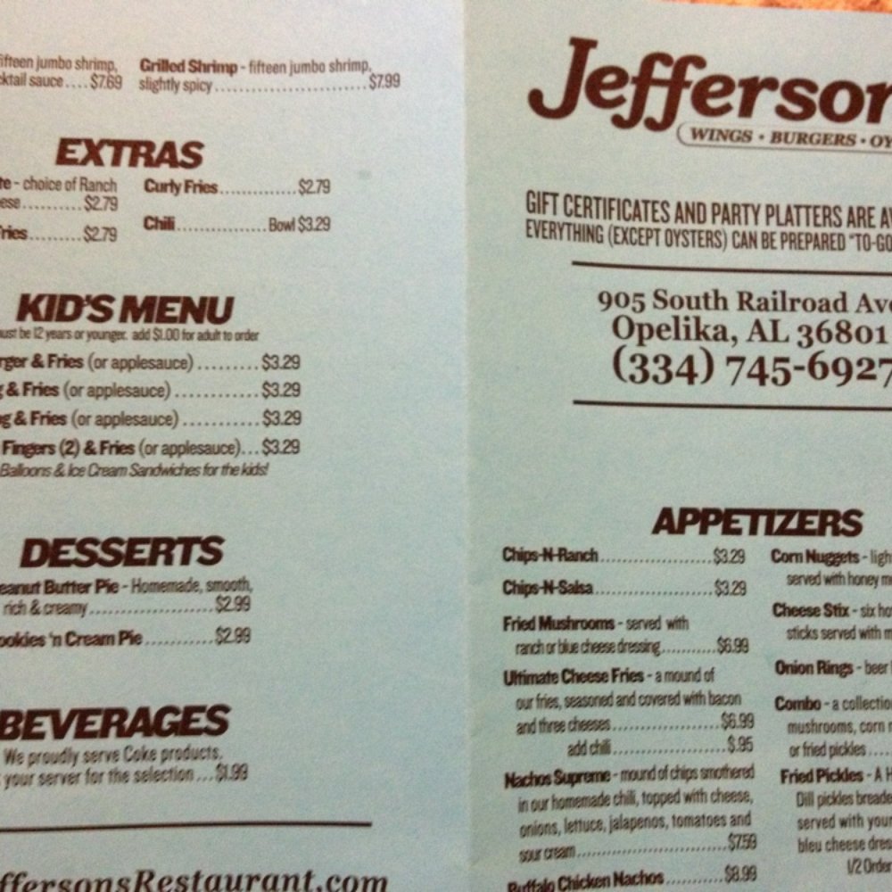 Jefferson's - Menu 1 - Burgers Near Me - Opelika, Alabama