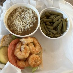 Blackened Shrimp Po Boy with Chicken and Sausage Gumbo  and green beans.