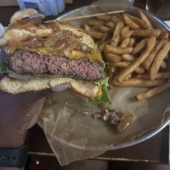 Burger Bar Chicago - Create your own burger with bacon, lettuce, double cheese (cheddar), and caramelized onions with a side of fries. - Burgers Near Me - Chicago, Illinois
