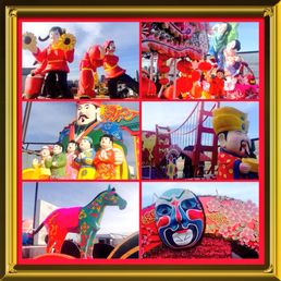 Montage of images of floats parked at Pier 54 Montage of images of floats parked at Pier 54