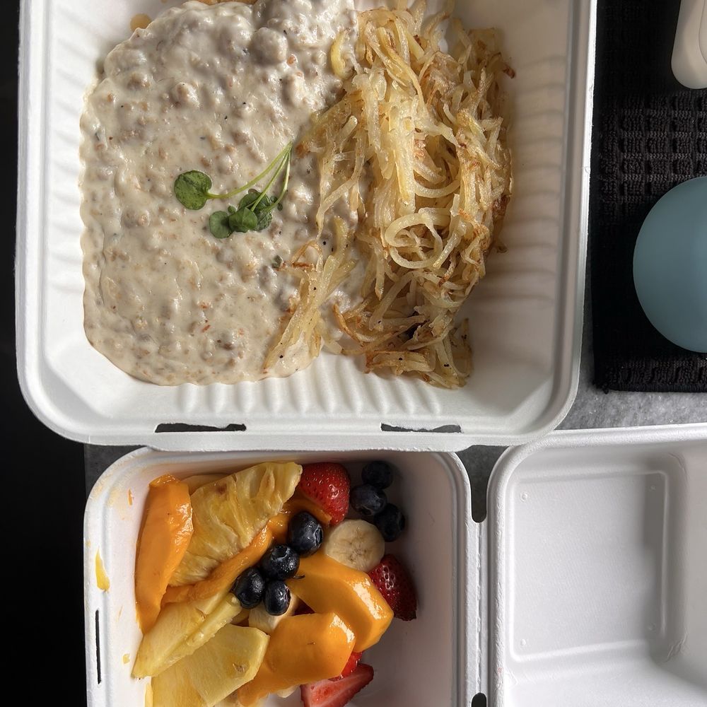 Biscuits and gravy with fruit $16 and a side of hash browns $5