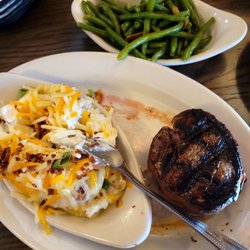 Colton's Steak House & Grill - Bacon wrapped Filet Mignon with loaded smashed potatoes and green beans