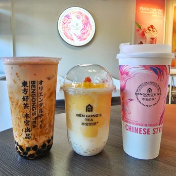 BenGong's Tea - Walnut - Left to right: Special Boba Milk Tea, Mango Pomelo Sago, and Peach Oolong Milk Tea - Bubble Tea Near Me - Walnut, California BenGong's Tea - Walnut - Left to right: Special Boba Milk Tea, Mango Pomelo Sago, and Peach Oolong Milk Tea - Bubble Tea Near Me - Walnut, California